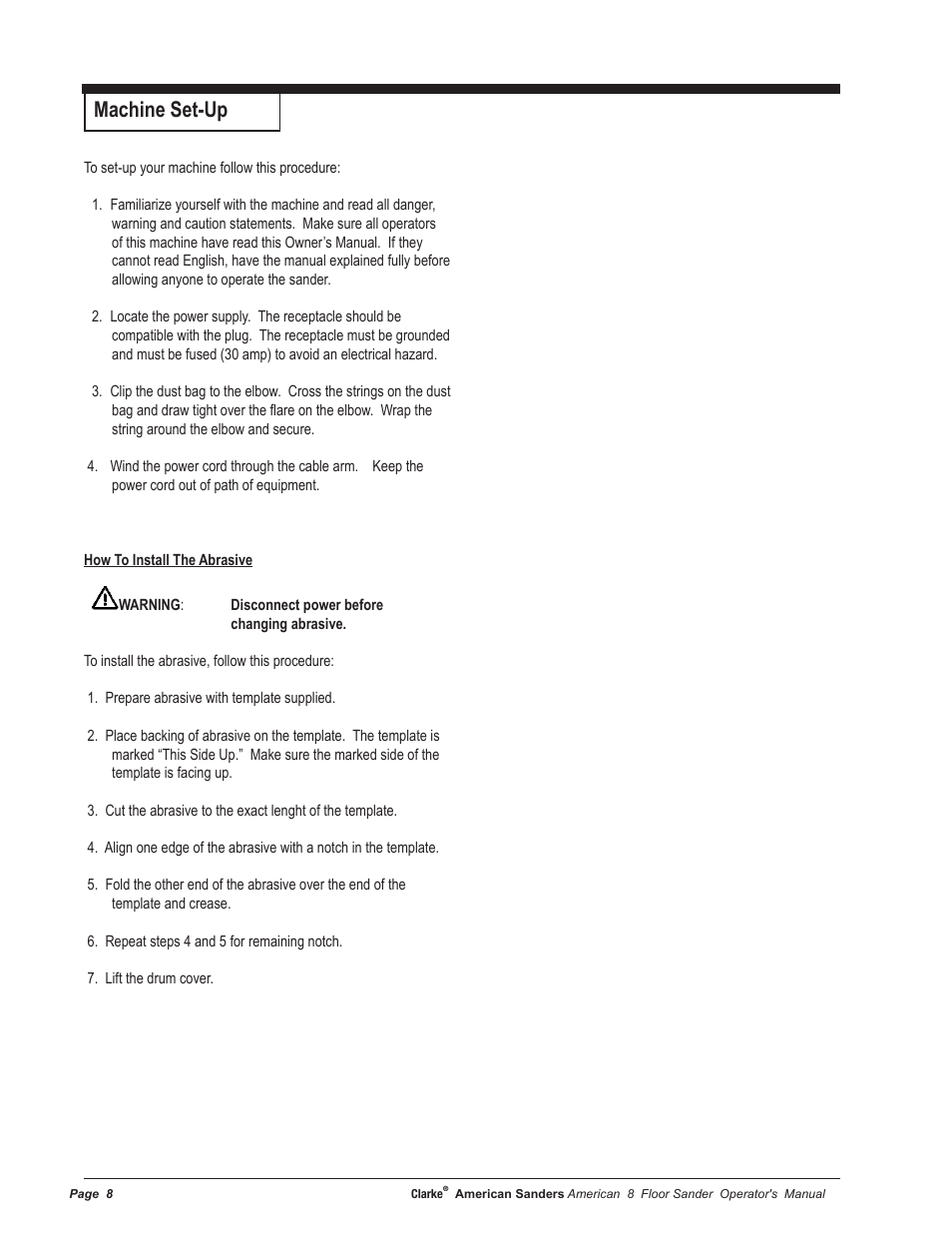 Machine set-up | American Sanders American 8 Drum Sanders User Manual | Page 8 / 30