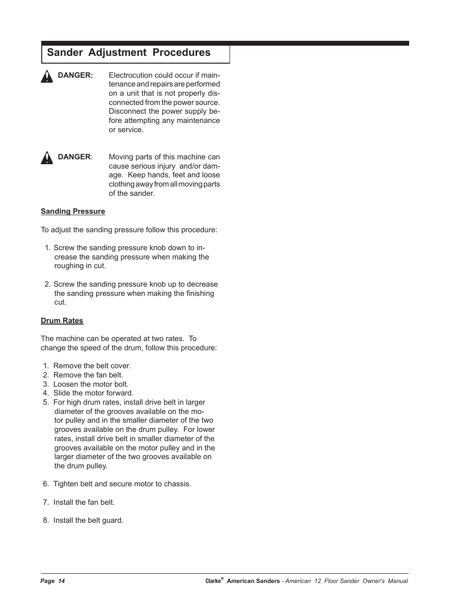 Sander adjustment procedures | American Sanders American 12 Drum Sanders User Manual | Page 14 / 40