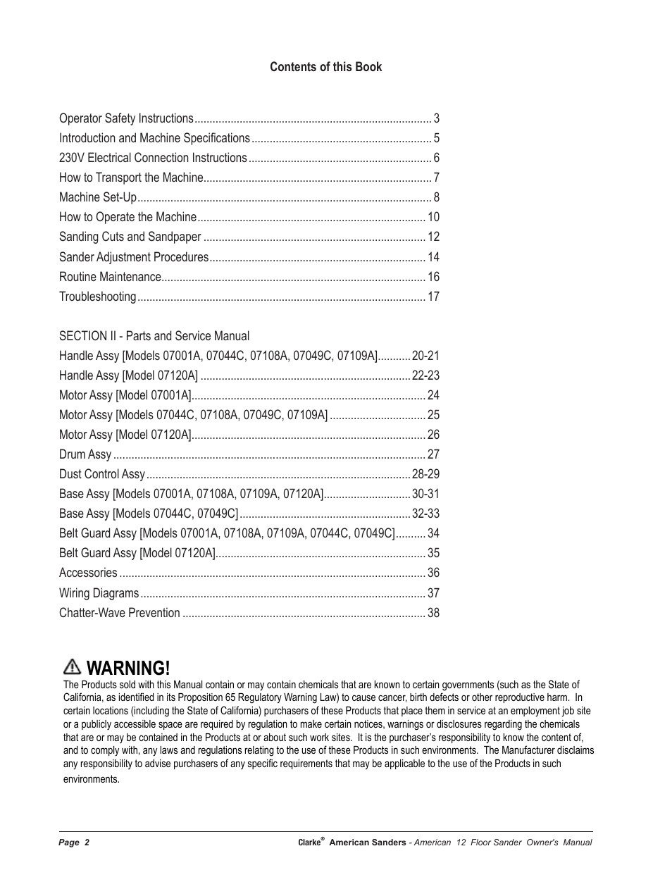 Warning | American Sanders American 12 Drum Sanders User Manual | Page 2 / 40