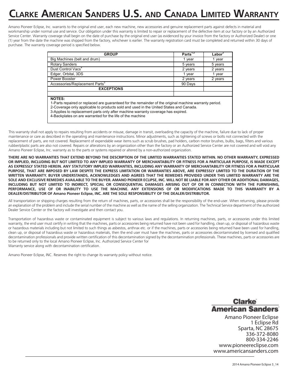 Larke, Merican, Anders | Anada, Imited, Arranty | American Sanders American 12 Drum Sanders User Manual | Page 40 / 40