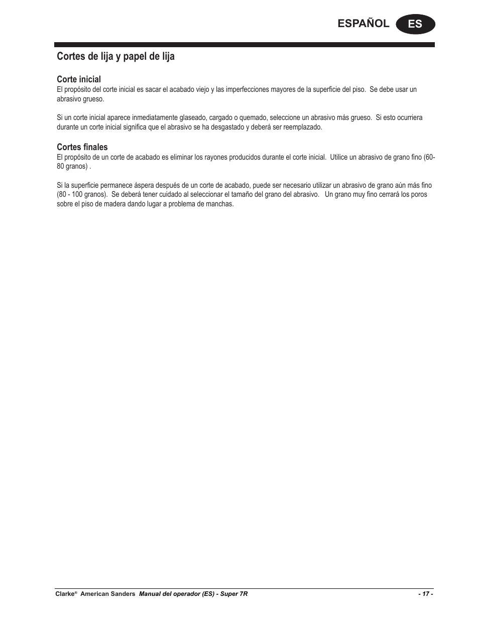 Es español, Cortes de lija y papel de lija, Corte inicial | Cortes finales | American Sanders Super 7R Edger User Manual | Page 17 / 40