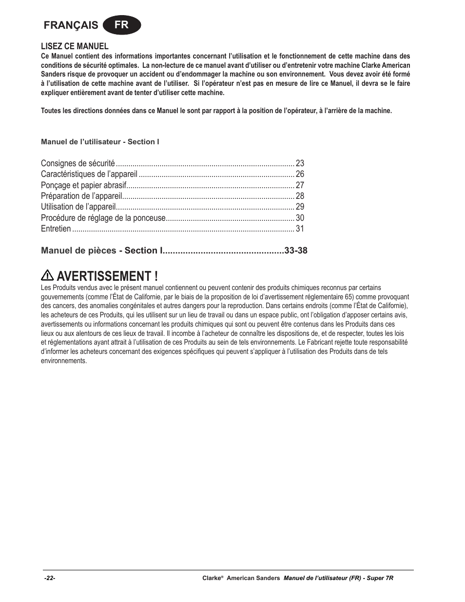 Avertissement, Fr français | American Sanders Super 7R Edger User Manual | Page 22 / 40