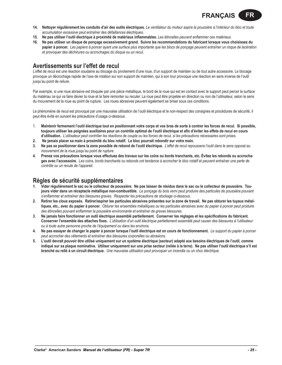 Fr français, Avertissements sur l’effet de recul, Règles de sécurité supplémentaires | American Sanders Super 7R Edger User Manual | Page 25 / 40