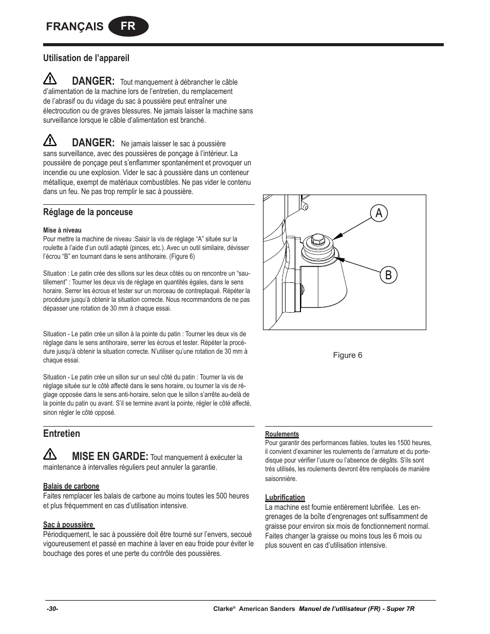 Fr français, Danger, Mise en garde | Entretien | American Sanders Super 7R Edger User Manual | Page 30 / 40