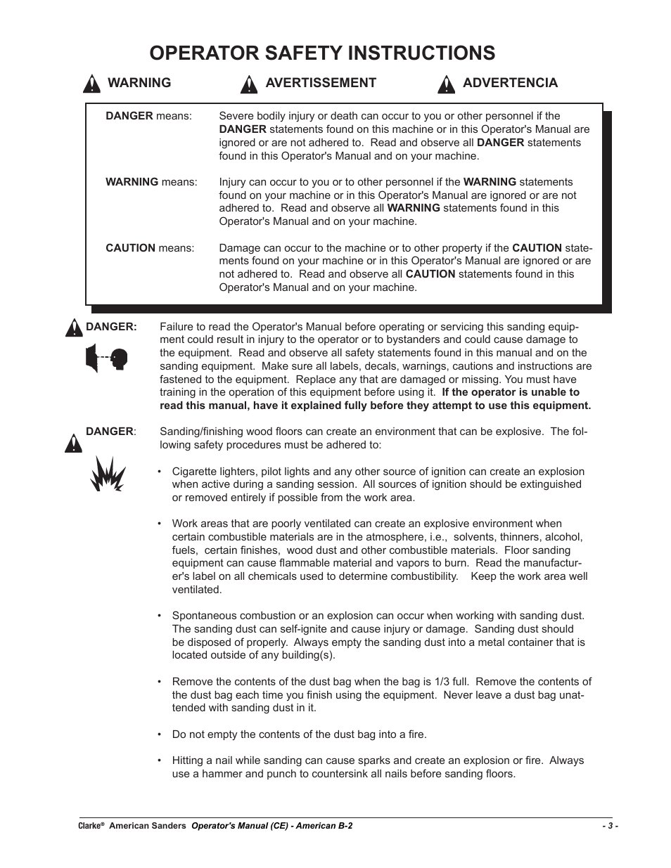 Operator safety instructions | American Sanders B-2+ Edger User Manual | Page 3 / 20