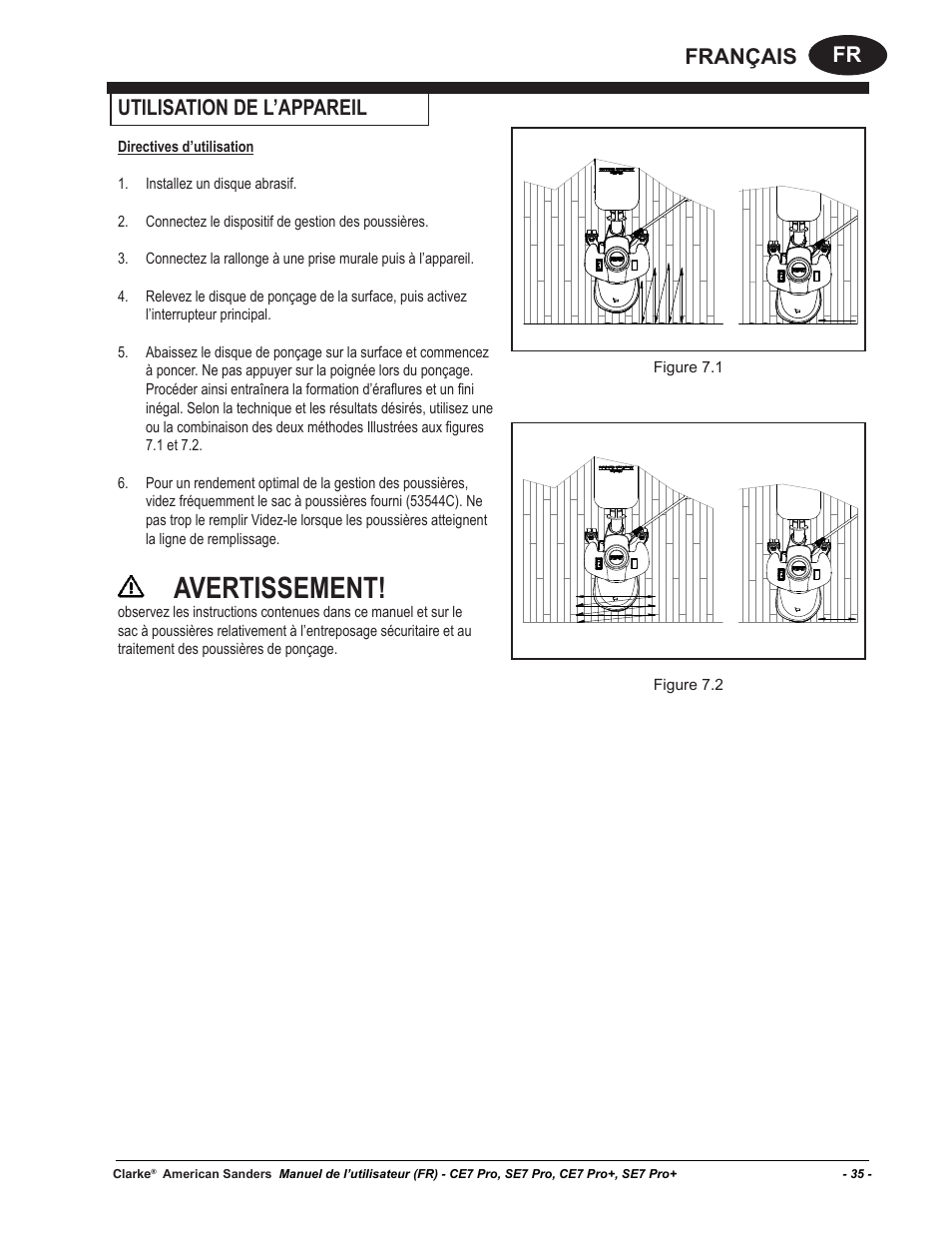 Avertissement, Fr français, Utilisation de l’appareil | American Sanders CE7 & Pro Edgers User Manual | Page 35 / 44