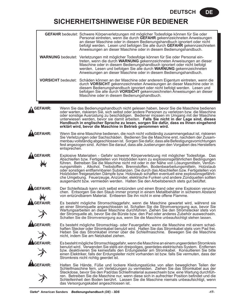 Sicherheitshinweise für bediener, De deutsch | American Sanders 3DS Orbital Sander User Manual | Page 17 / 94