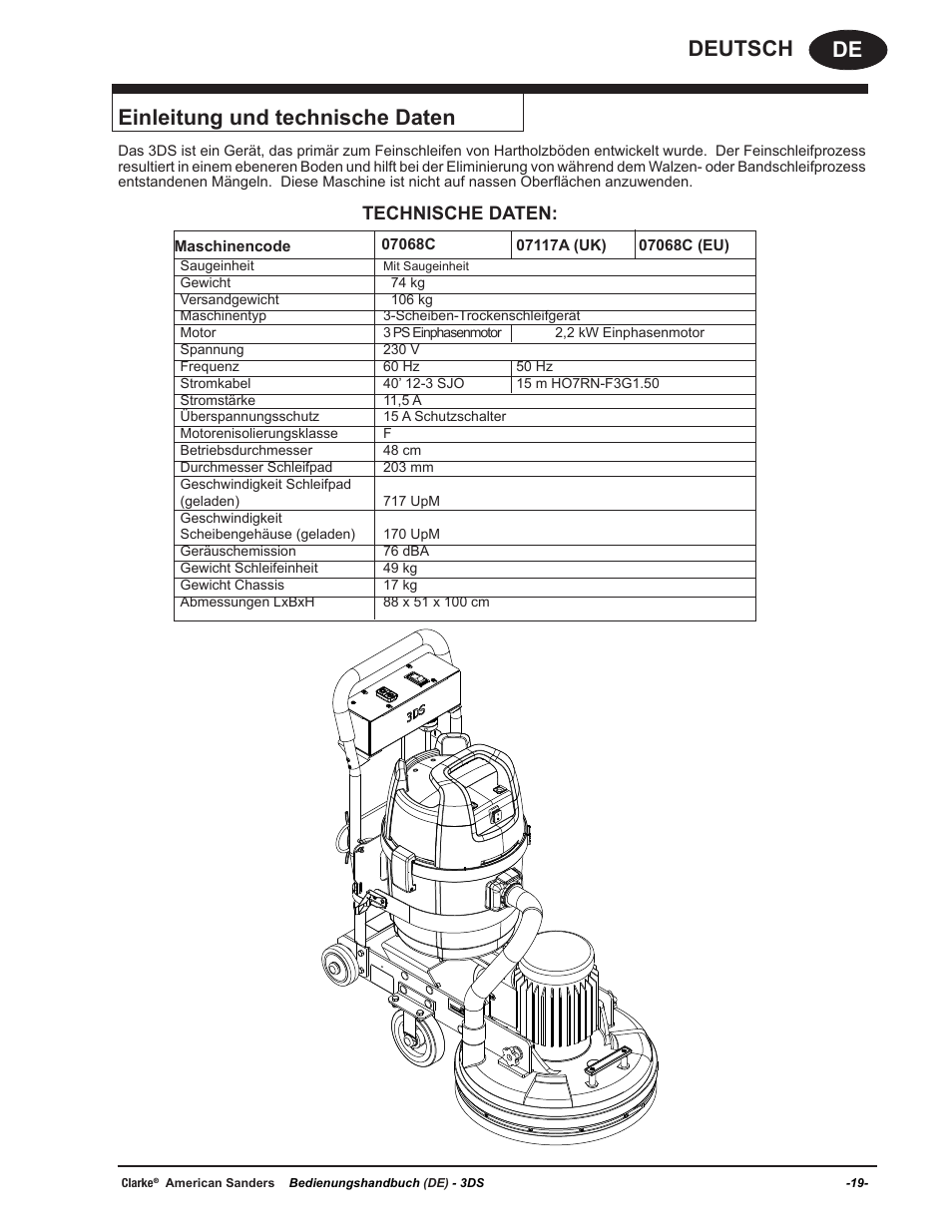 De deutsch einleitung und technische daten, Technische daten | American Sanders 3DS Orbital Sander User Manual | Page 19 / 94