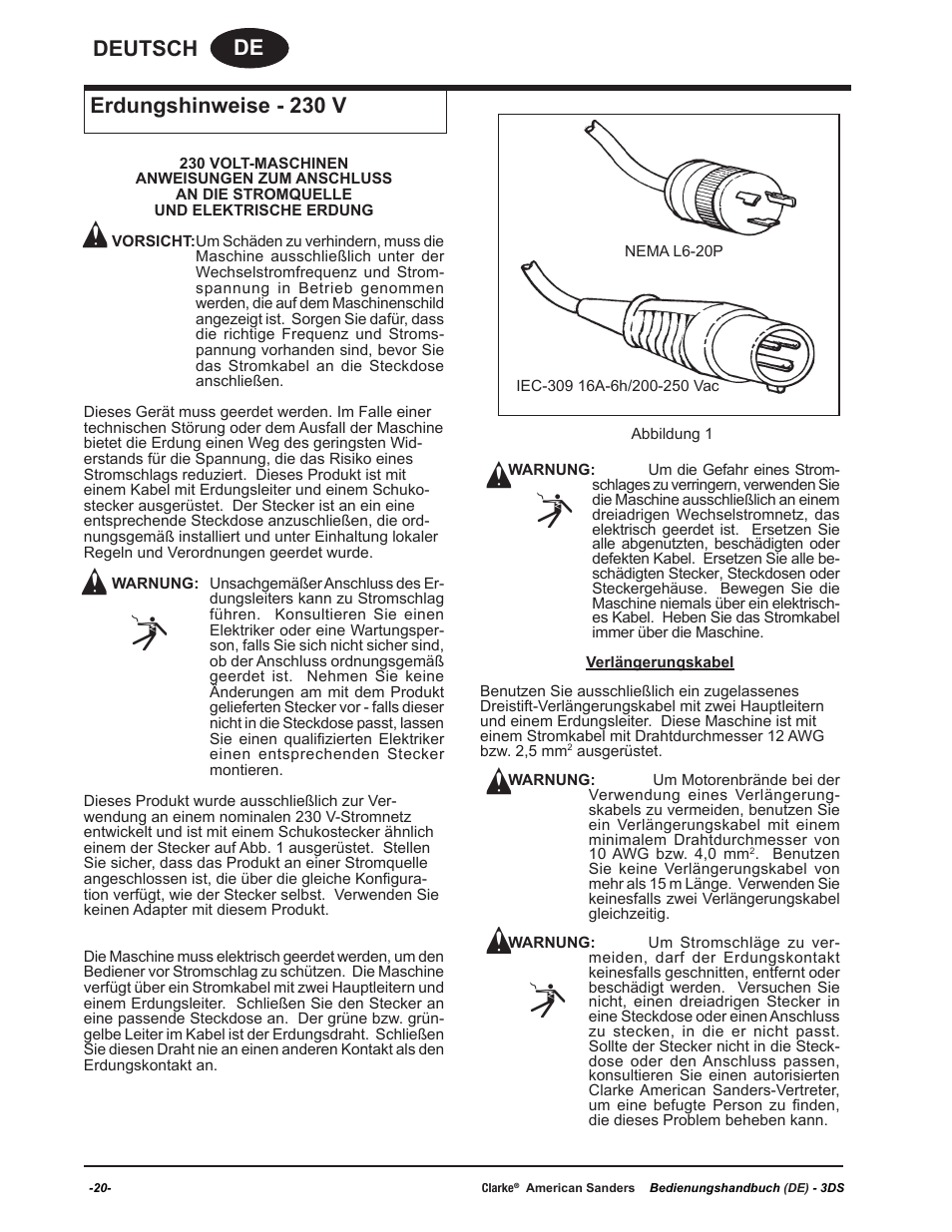 De deutsch, Erdungshinweise - 230 v | American Sanders 3DS Orbital Sander User Manual | Page 20 / 94
