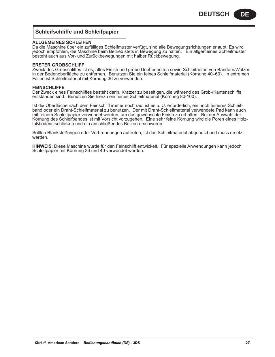 De deutsch, Schleifschliffe und schleifpapier | American Sanders 3DS Orbital Sander User Manual | Page 27 / 94