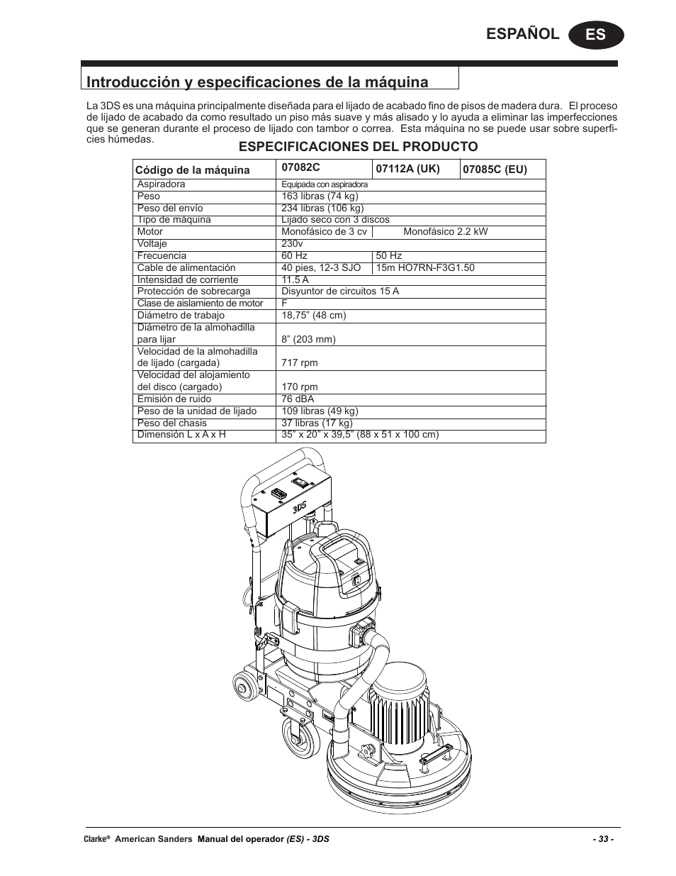 Especificaciones del producto | American Sanders 3DS Orbital Sander User Manual | Page 33 / 94