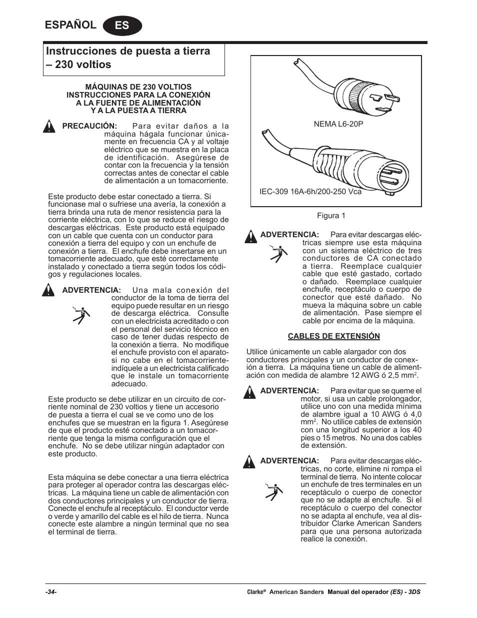 Es español, Instrucciones de puesta a tierra – 230 voltios | American Sanders 3DS Orbital Sander User Manual | Page 34 / 94