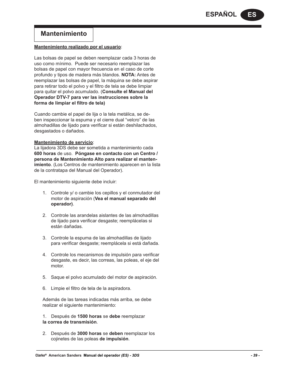 Es español mantenimiento | American Sanders 3DS Orbital Sander User Manual | Page 39 / 94