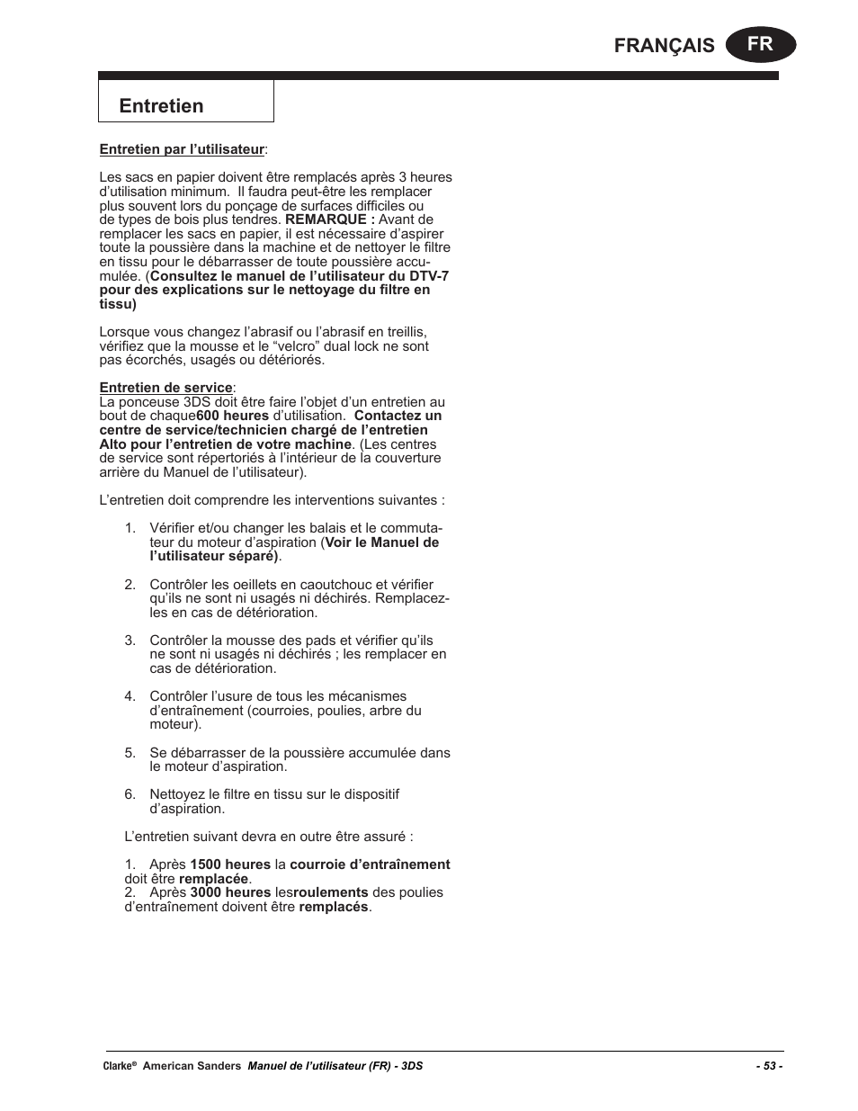 Fr français entretien | American Sanders 3DS Orbital Sander User Manual | Page 53 / 94
