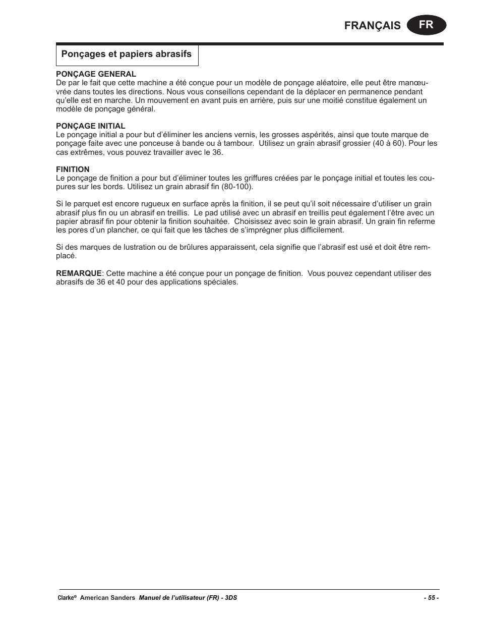 Fr français, Ponçages et papiers abrasifs | American Sanders 3DS Orbital Sander User Manual | Page 55 / 94