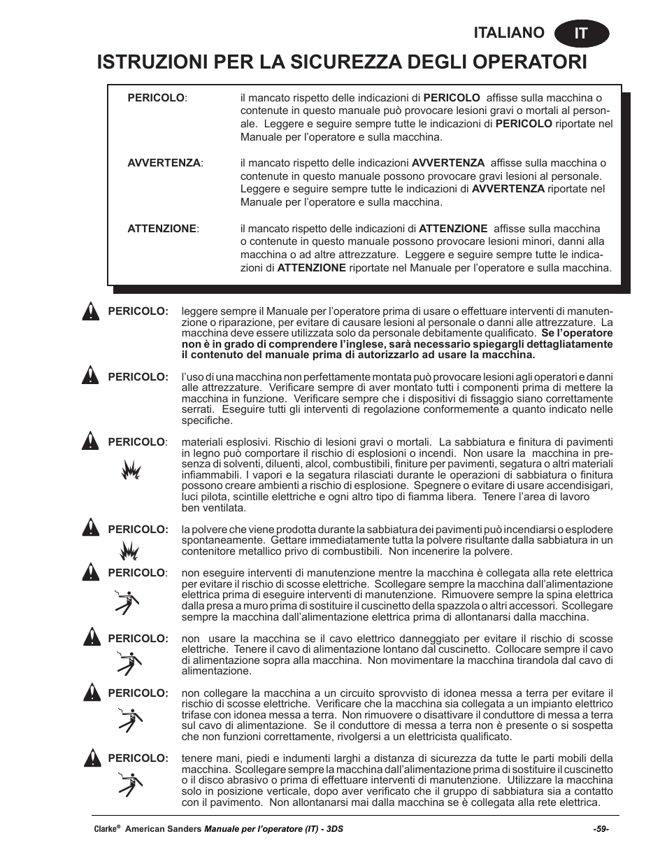 Istruzioni per la sicurezza degli operatori, It italiano | American Sanders 3DS Orbital Sander User Manual | Page 59 / 94