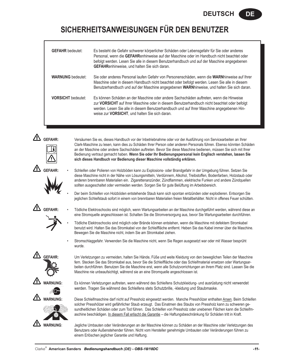 Sicherheitsanweisungen für den benutzer, De deutsch | American Sanders OBS 18DC Orbital Sander User Manual | Page 11 / 60