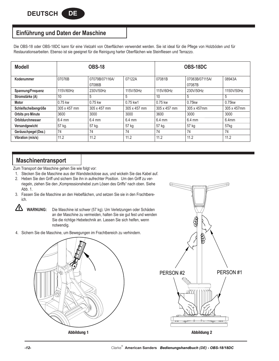 De deutsch, Einführung und daten der maschine, Maschinentransport | Modell obs-18 obs-18dc, Person #1 person #2 | American Sanders OBS 18DC Orbital Sander User Manual | Page 12 / 60