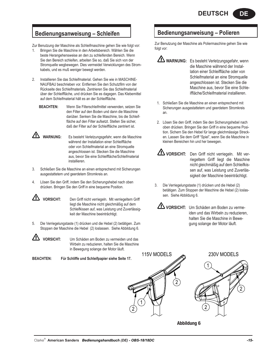 De deutsch, Bedienungsanweisung – schleifen, Bedienungsanweisung – polieren | American Sanders OBS 18DC Orbital Sander User Manual | Page 15 / 60