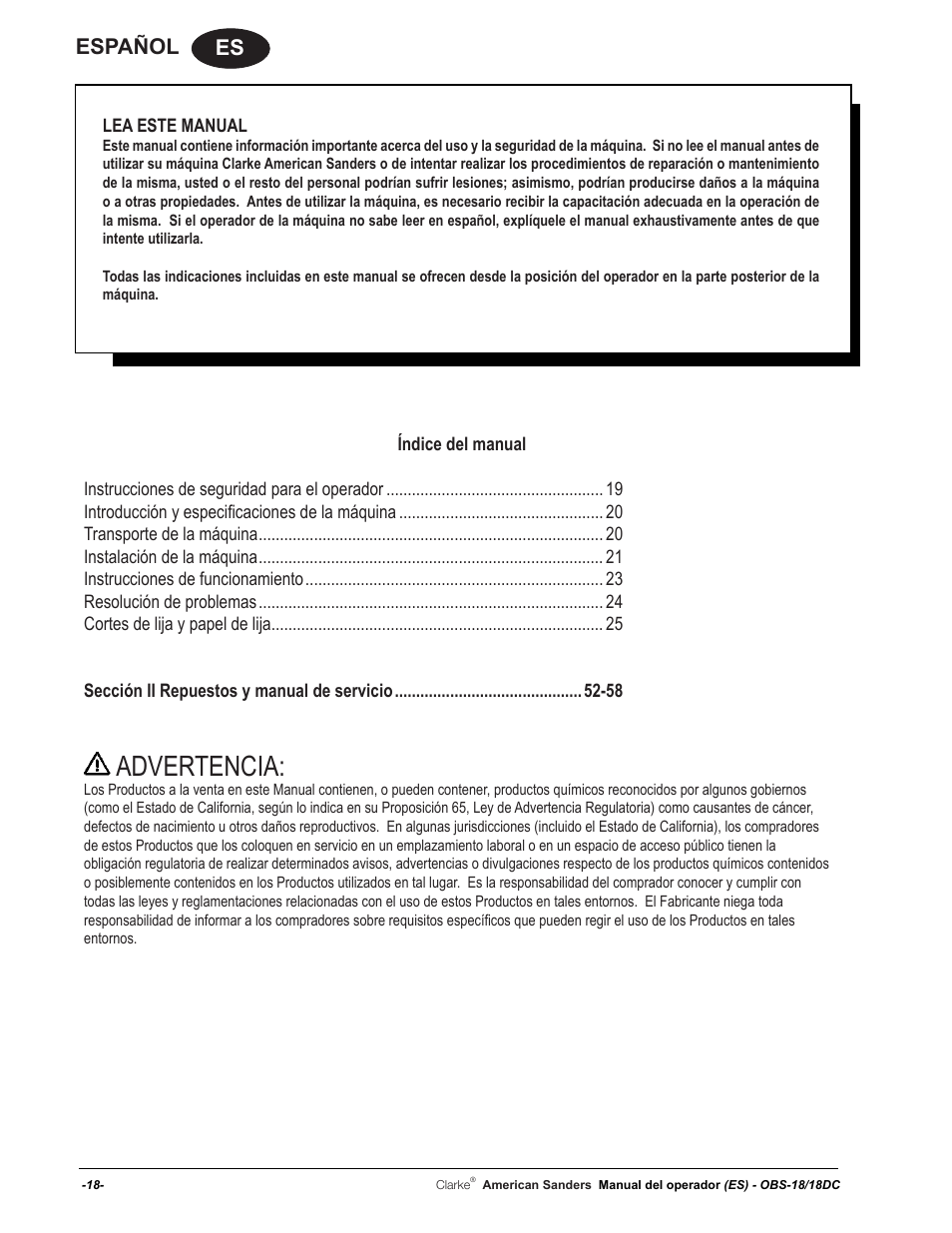 Advertencia, Es español | American Sanders OBS 18DC Orbital Sander User Manual | Page 18 / 60