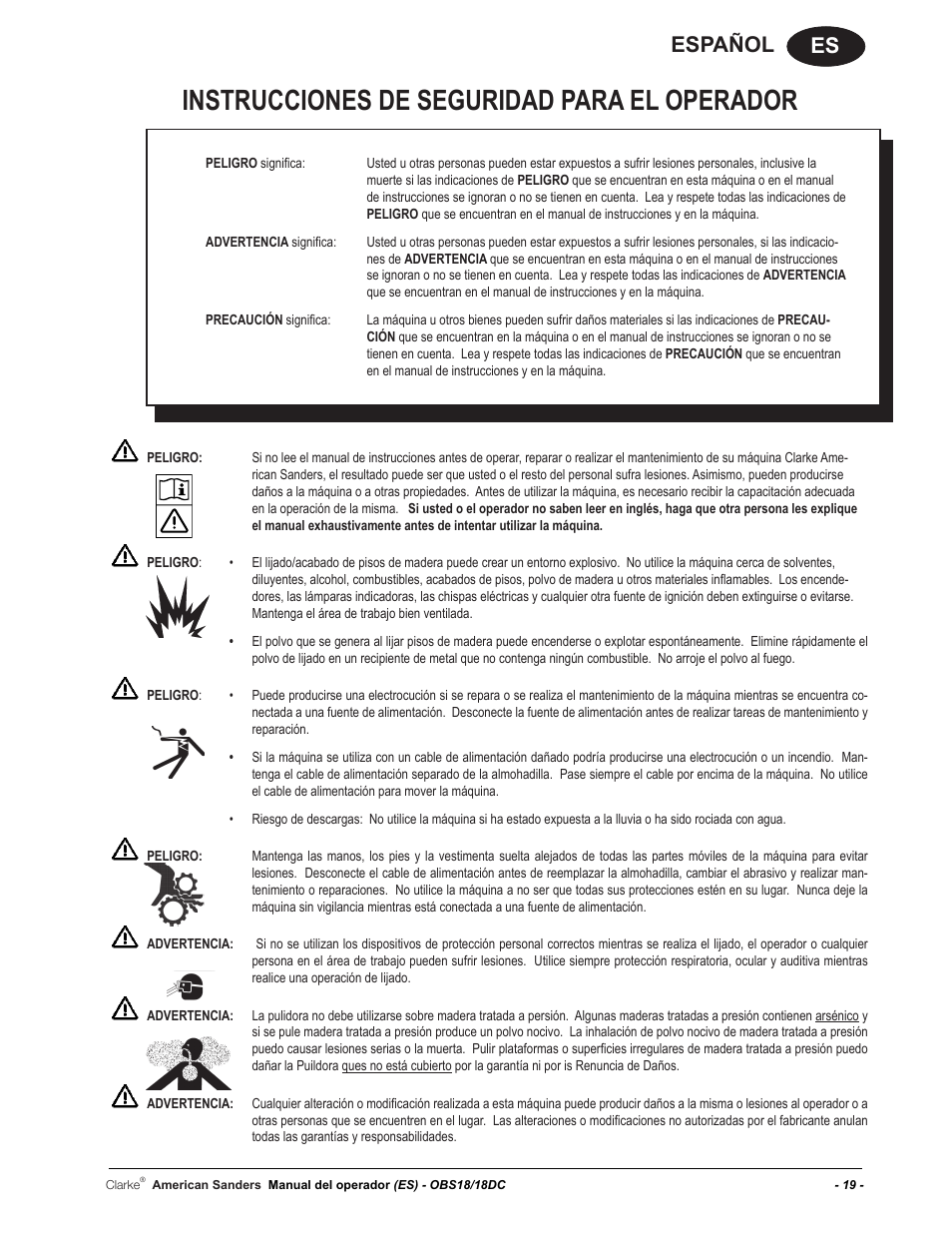 Instrucciones de seguridad para el operador, Es español | American Sanders OBS 18DC Orbital Sander User Manual | Page 19 / 60