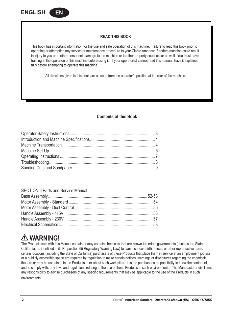 Warning, En english | American Sanders OBS 18DC Orbital Sander User Manual | Page 2 / 60