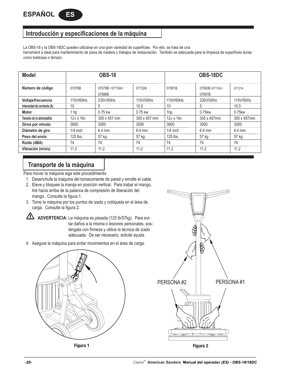 Es español, Introducción y especificaciones de la máquina, Transporte de la máquina | Model obs-18 obs-18dc, Person #1 person #2 persona #2 persona #1 | American Sanders OBS 18DC Orbital Sander User Manual | Page 20 / 60