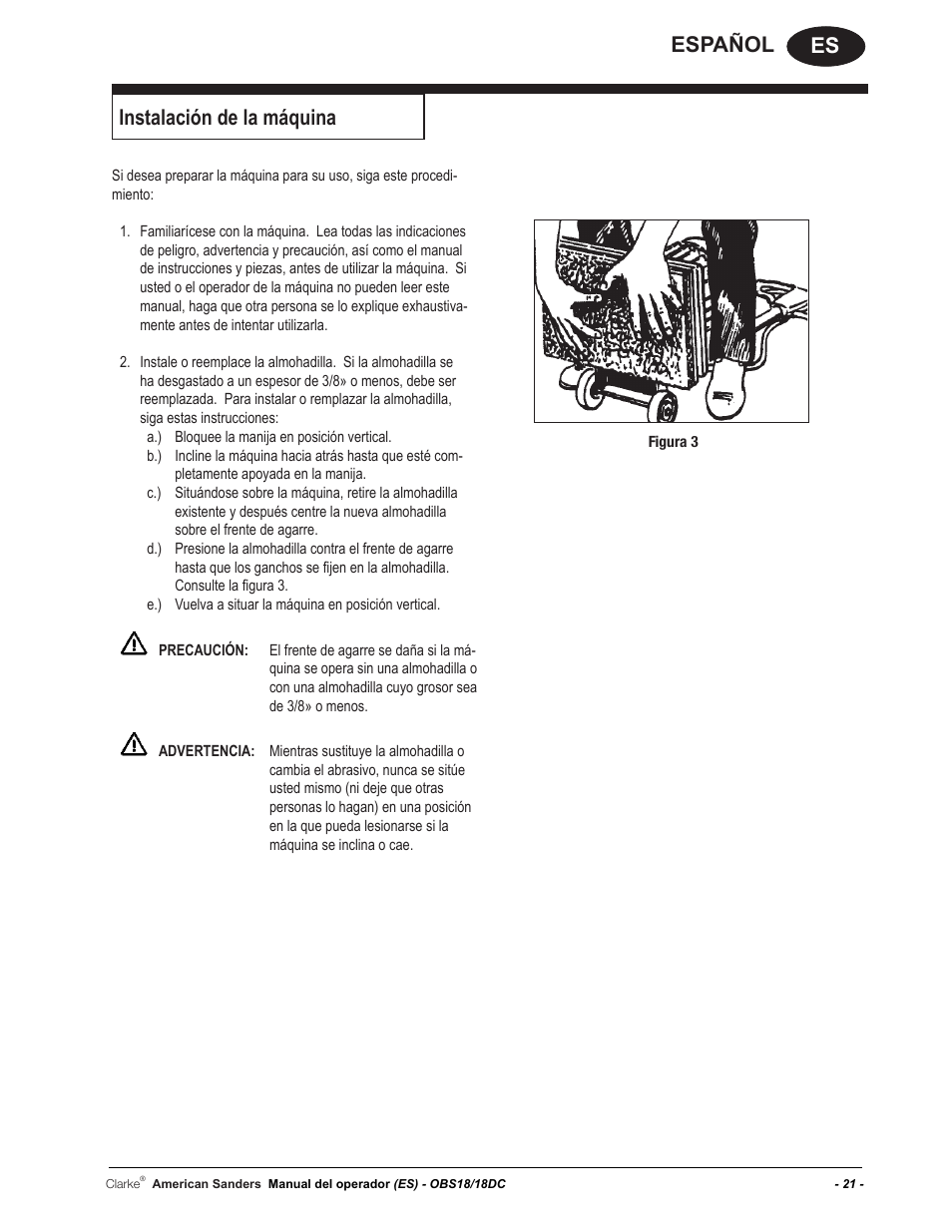 Es español, Instalación de la máquina | American Sanders OBS 18DC Orbital Sander User Manual | Page 21 / 60