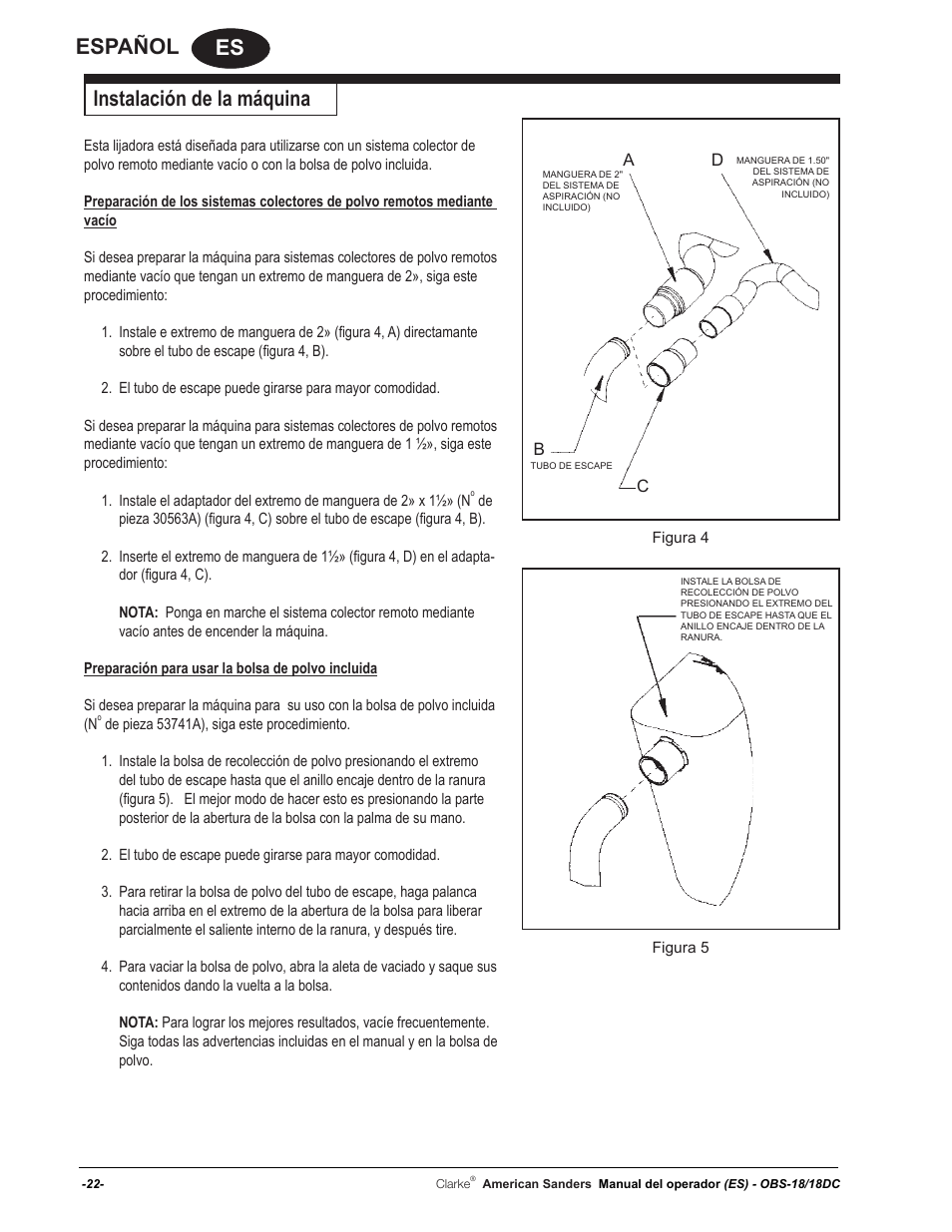 Es español, Instalación de la máquina | American Sanders OBS 18DC Orbital Sander User Manual | Page 22 / 60