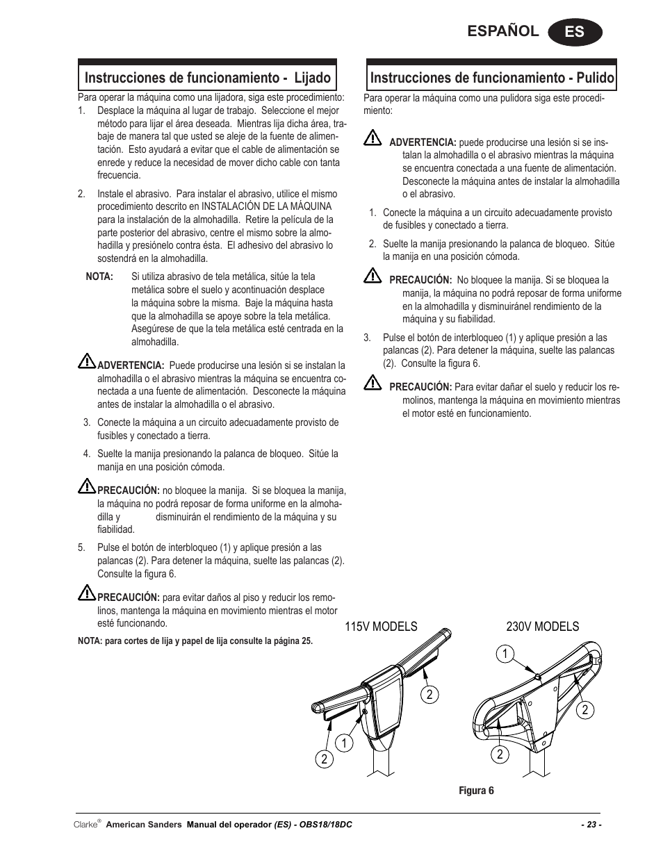 Es español, Instrucciones de funcionamiento - lijado, Instrucciones de funcionamiento - pulido | American Sanders OBS 18DC Orbital Sander User Manual | Page 23 / 60