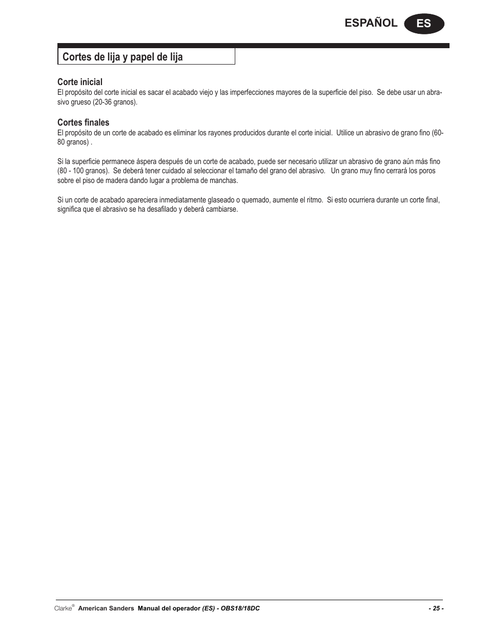 Es español cortes de lija y papel de lija, Corte inicial, Cortes finales | American Sanders OBS 18DC Orbital Sander User Manual | Page 25 / 60