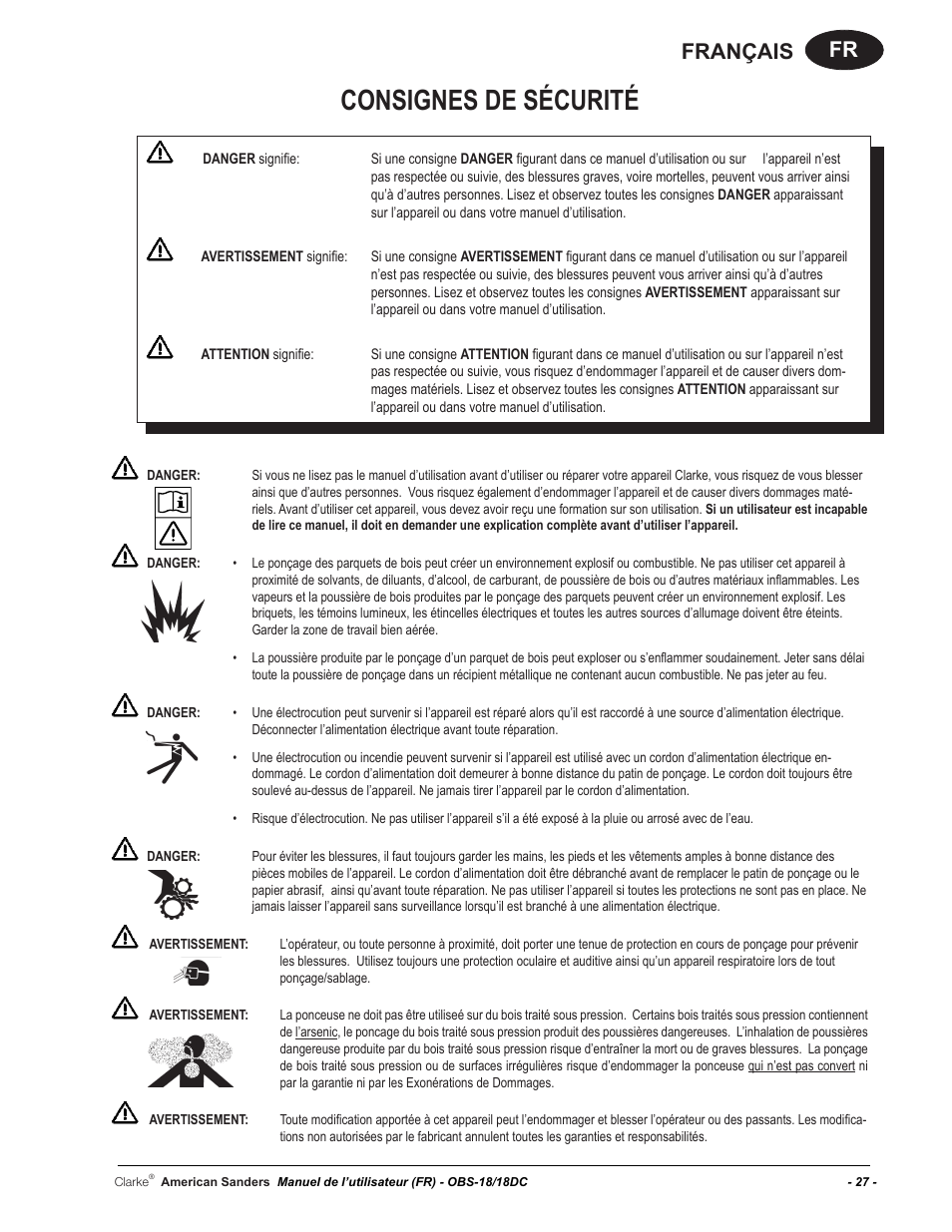 Consignes de sécurité, Fr français | American Sanders OBS 18DC Orbital Sander User Manual | Page 27 / 60