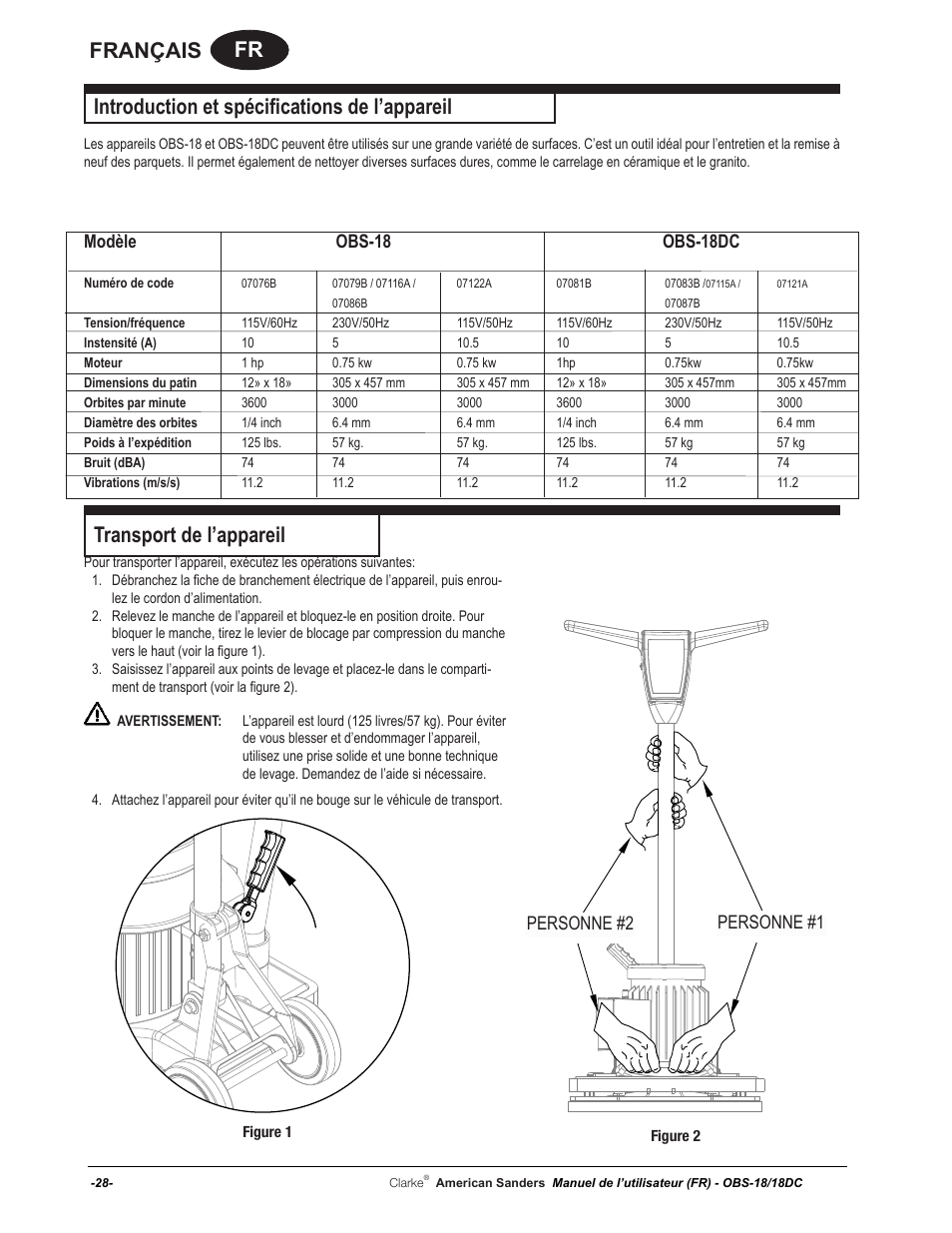 Fr français, Introduction et spécifications de l’appareil, Transport de l’appareil | Modèle obs-18 obs-18dc, Person #1 person #2 personne #2 personne #1 | American Sanders OBS 18DC Orbital Sander User Manual | Page 28 / 60