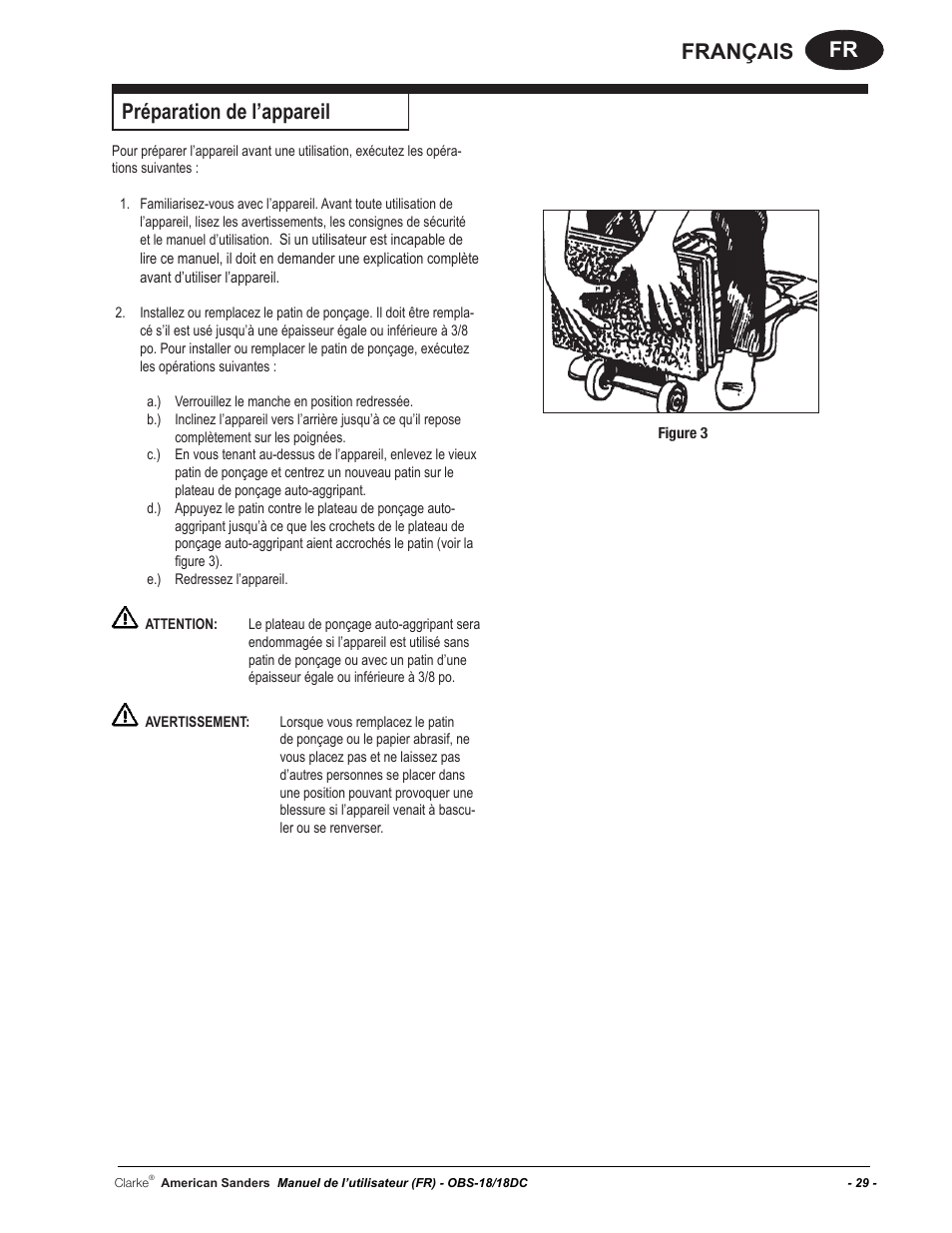 Fr français, Préparation de l’appareil | American Sanders OBS 18DC Orbital Sander User Manual | Page 29 / 60