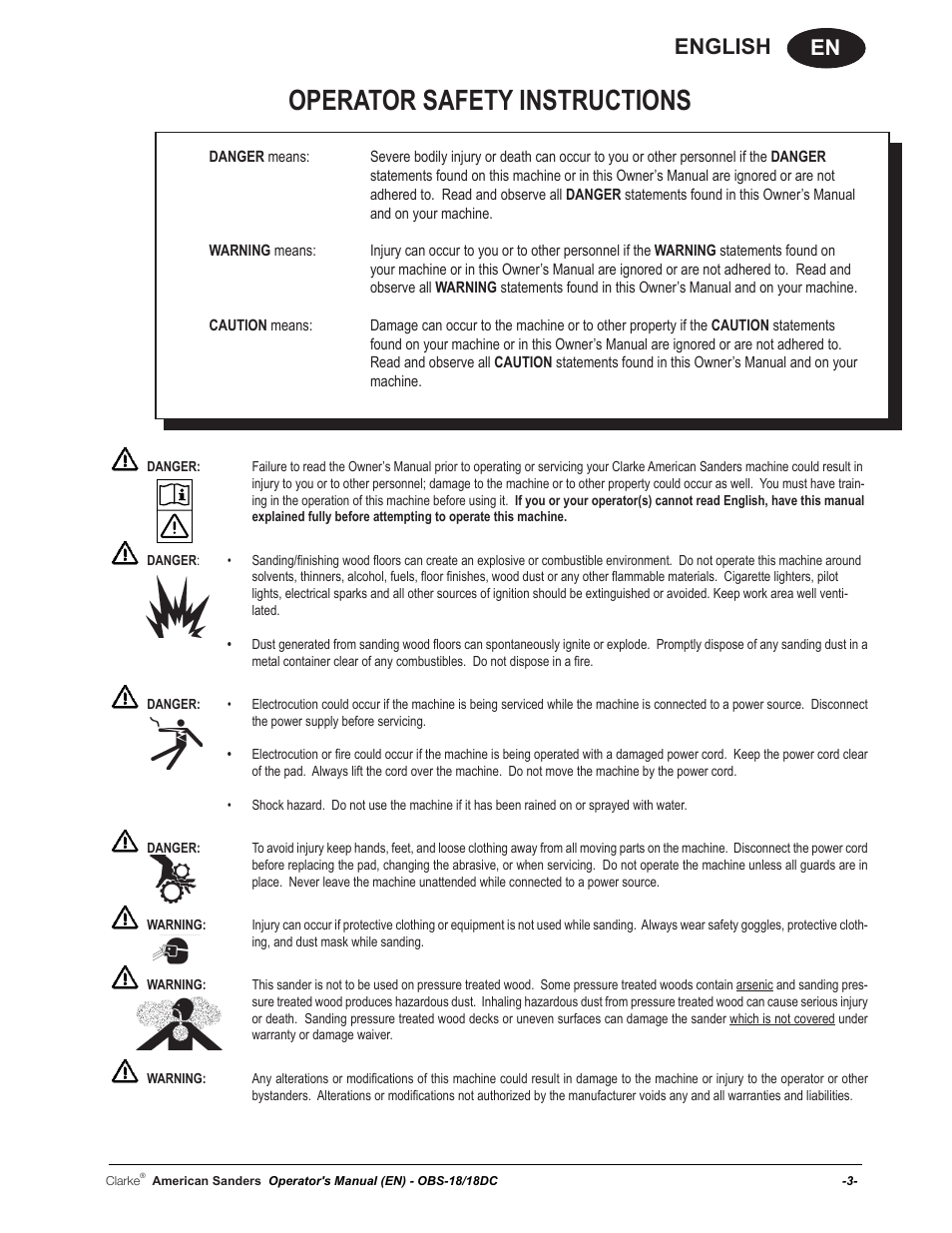 Operator safety instructions, En english | American Sanders OBS 18DC Orbital Sander User Manual | Page 3 / 60