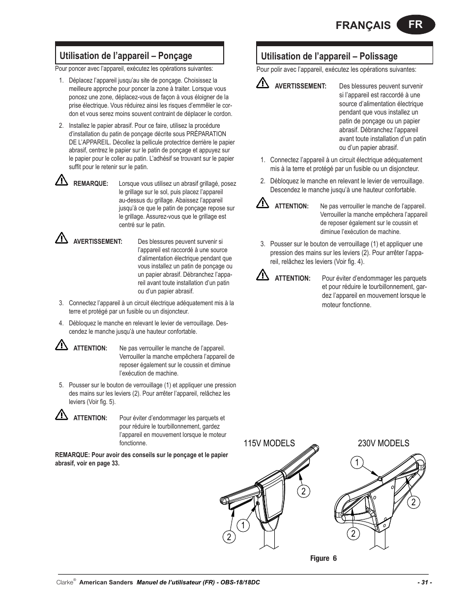 Fr français, Utilisation de l’appareil – ponçage, Utilisation de l’appareil – polissage | American Sanders OBS 18DC Orbital Sander User Manual | Page 31 / 60