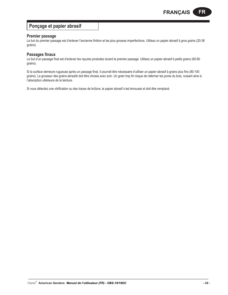 Fr français ponçage et papier abrasif, Premier passage, Passages finaux | American Sanders OBS 18DC Orbital Sander User Manual | Page 33 / 60