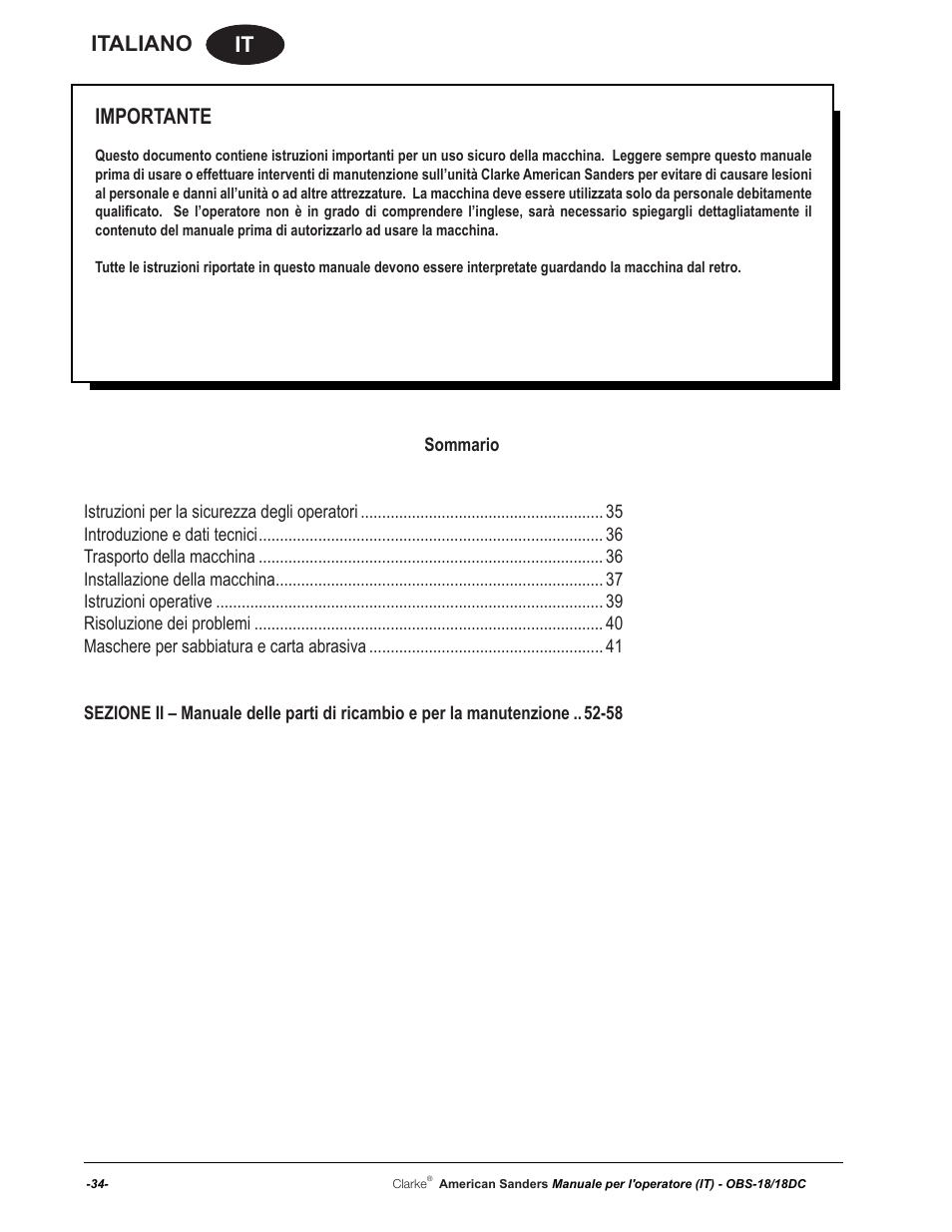 It italiano, Importante | American Sanders OBS 18DC Orbital Sander User Manual | Page 34 / 60