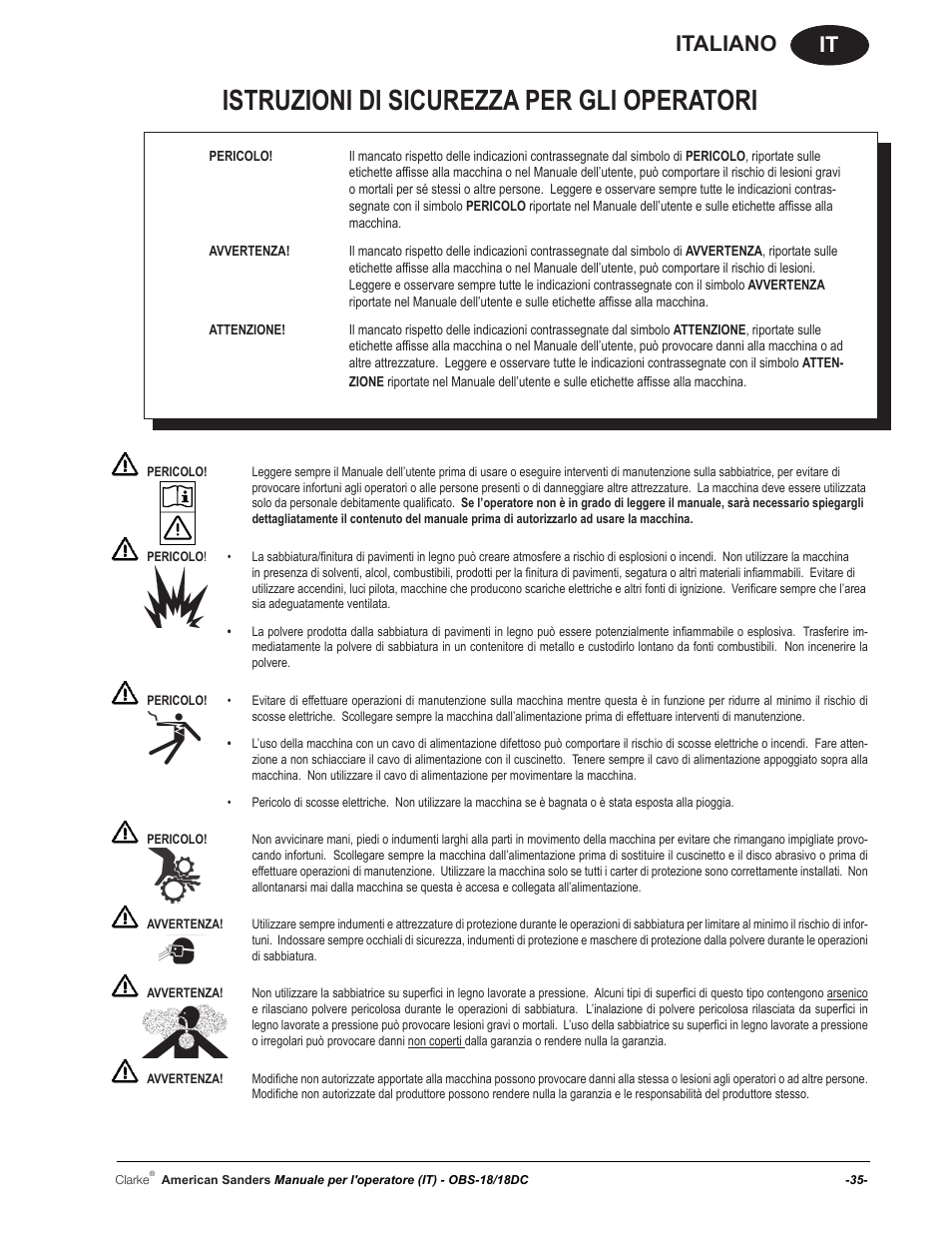 Istruzioni di sicurezza per gli operatori, It italiano | American Sanders OBS 18DC Orbital Sander User Manual | Page 35 / 60