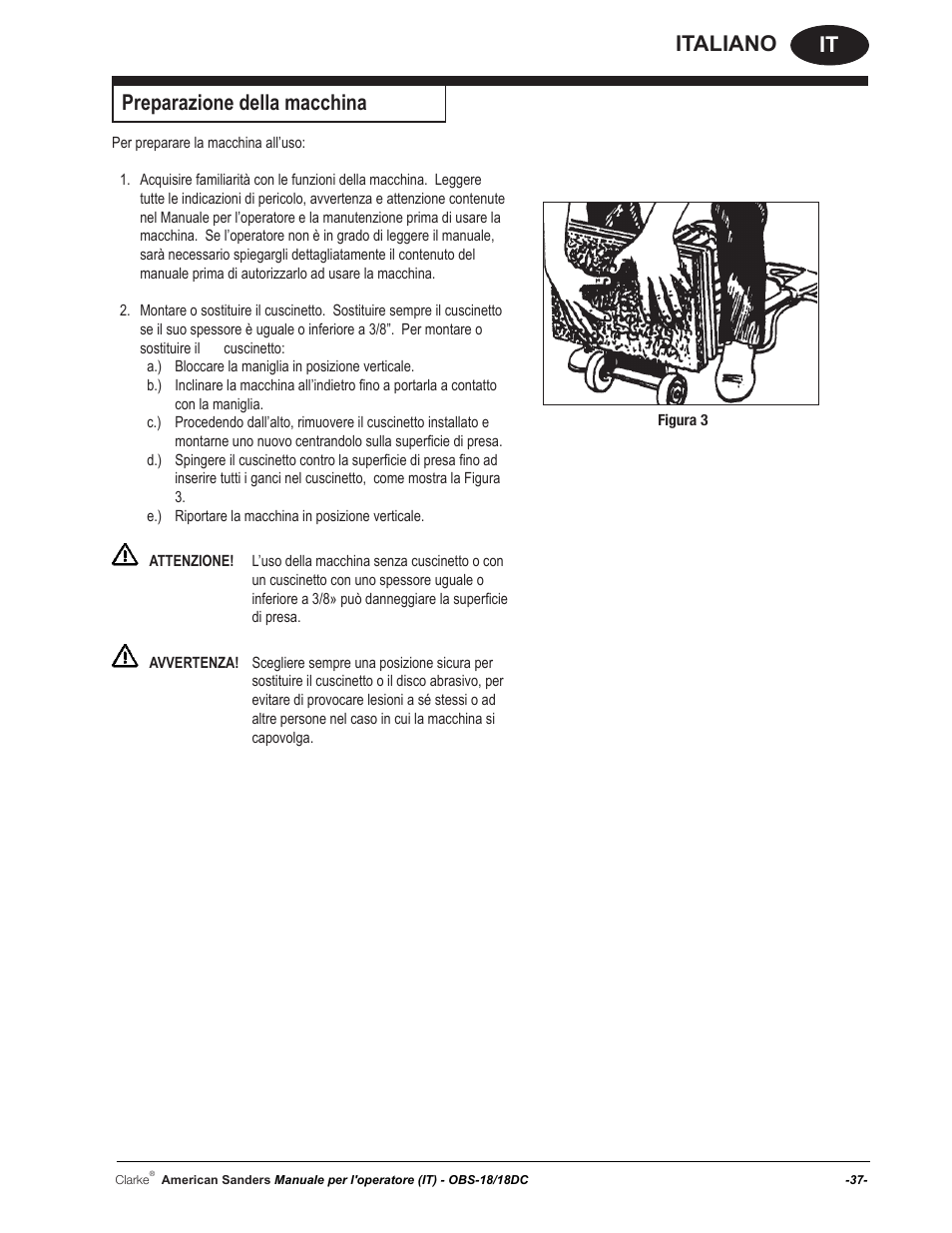 It italiano, Preparazione della macchina | American Sanders OBS 18DC Orbital Sander User Manual | Page 37 / 60