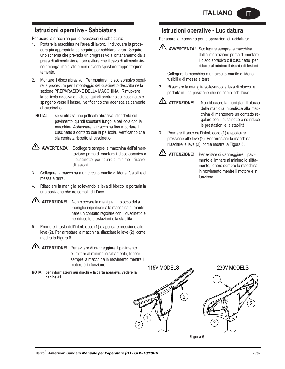 It italiano, Istruzioni operative - sabbiatura, Istruzioni operative - lucidatura | American Sanders OBS 18DC Orbital Sander User Manual | Page 39 / 60