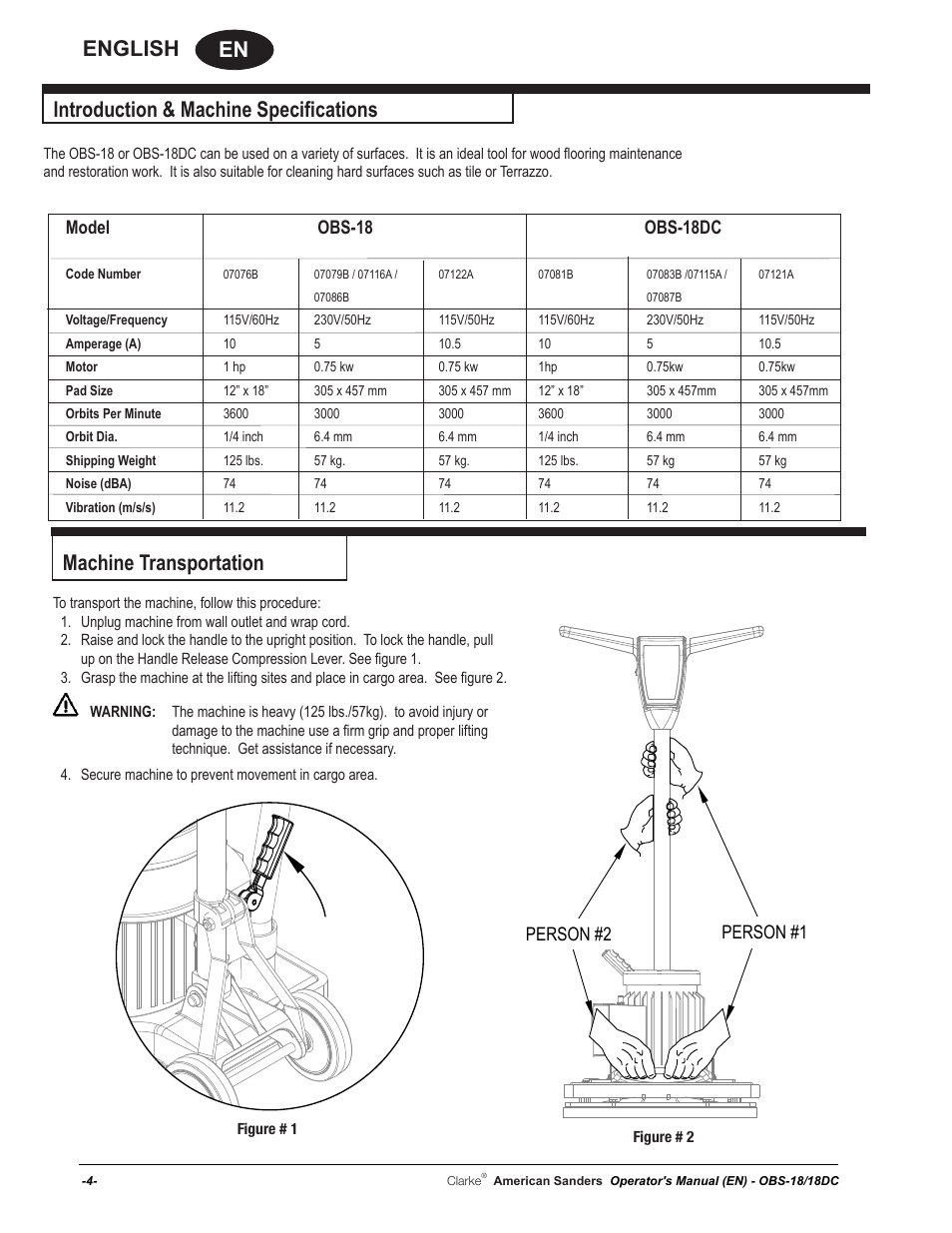 En english, Introduction & machine specifications, Machine transportation | Model obs-18 obs-18dc, Person #1 person #2 | American Sanders OBS 18DC Orbital Sander User Manual | Page 4 / 60