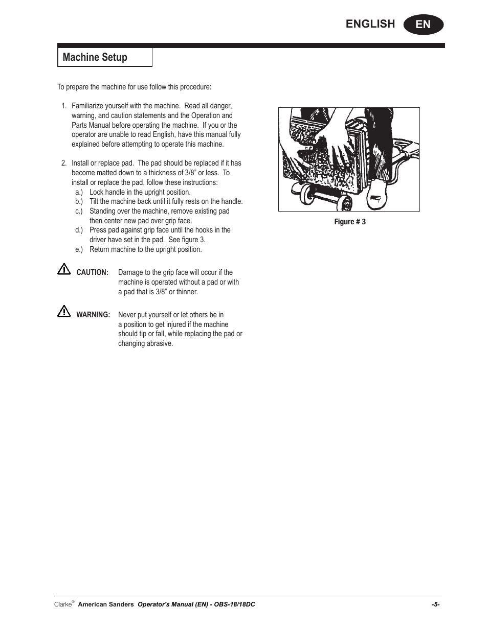 En english, Machine setup | American Sanders OBS 18DC Orbital Sander User Manual | Page 5 / 60