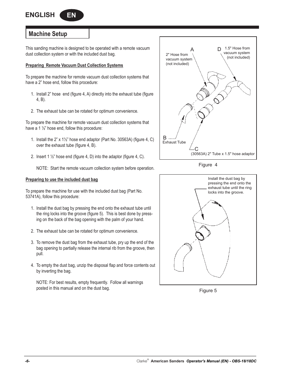 En english, Machine setup | American Sanders OBS 18DC Orbital Sander User Manual | Page 6 / 60