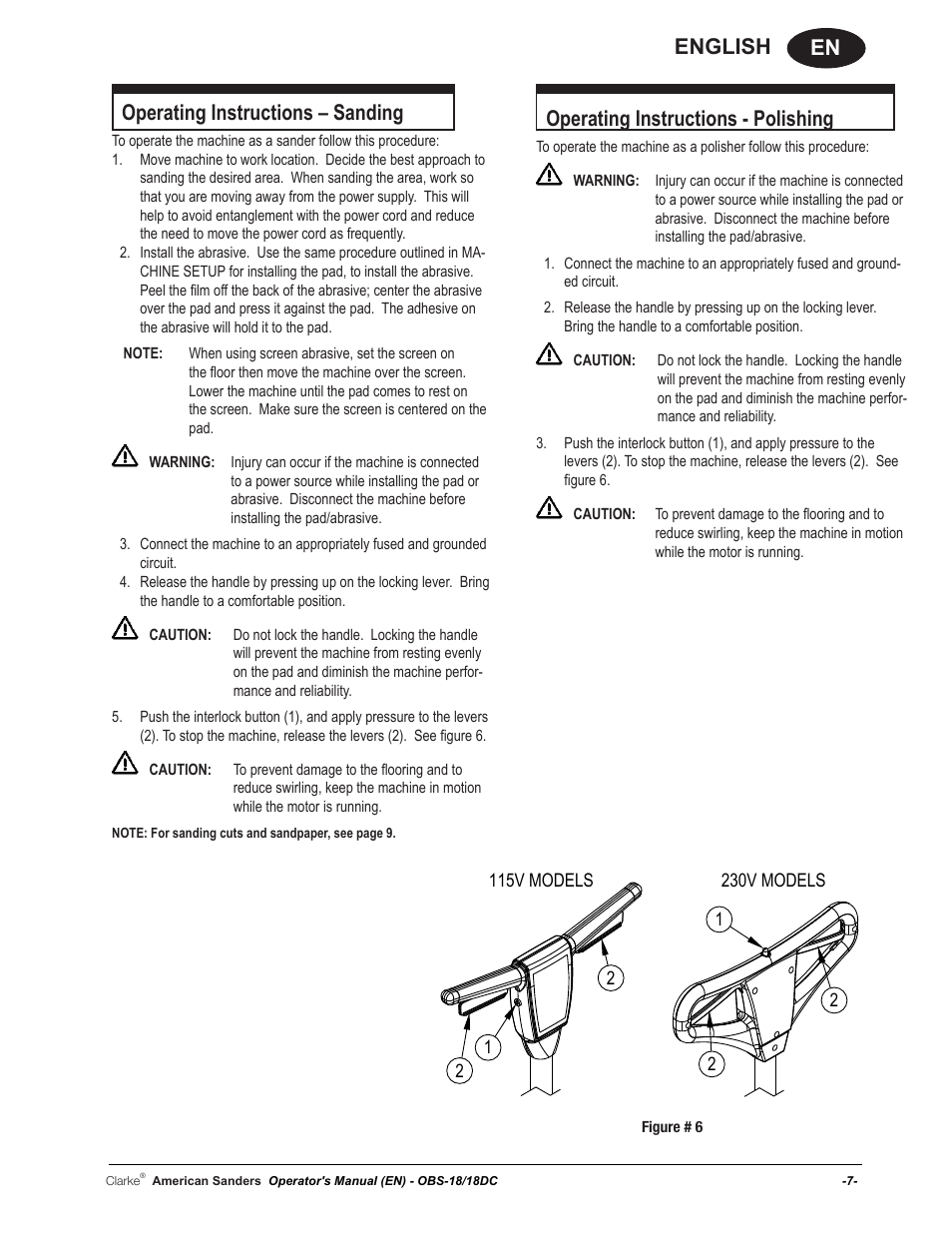 En english, Operating instructions – sanding, Operating instructions - polishing | American Sanders OBS 18DC Orbital Sander User Manual | Page 7 / 60