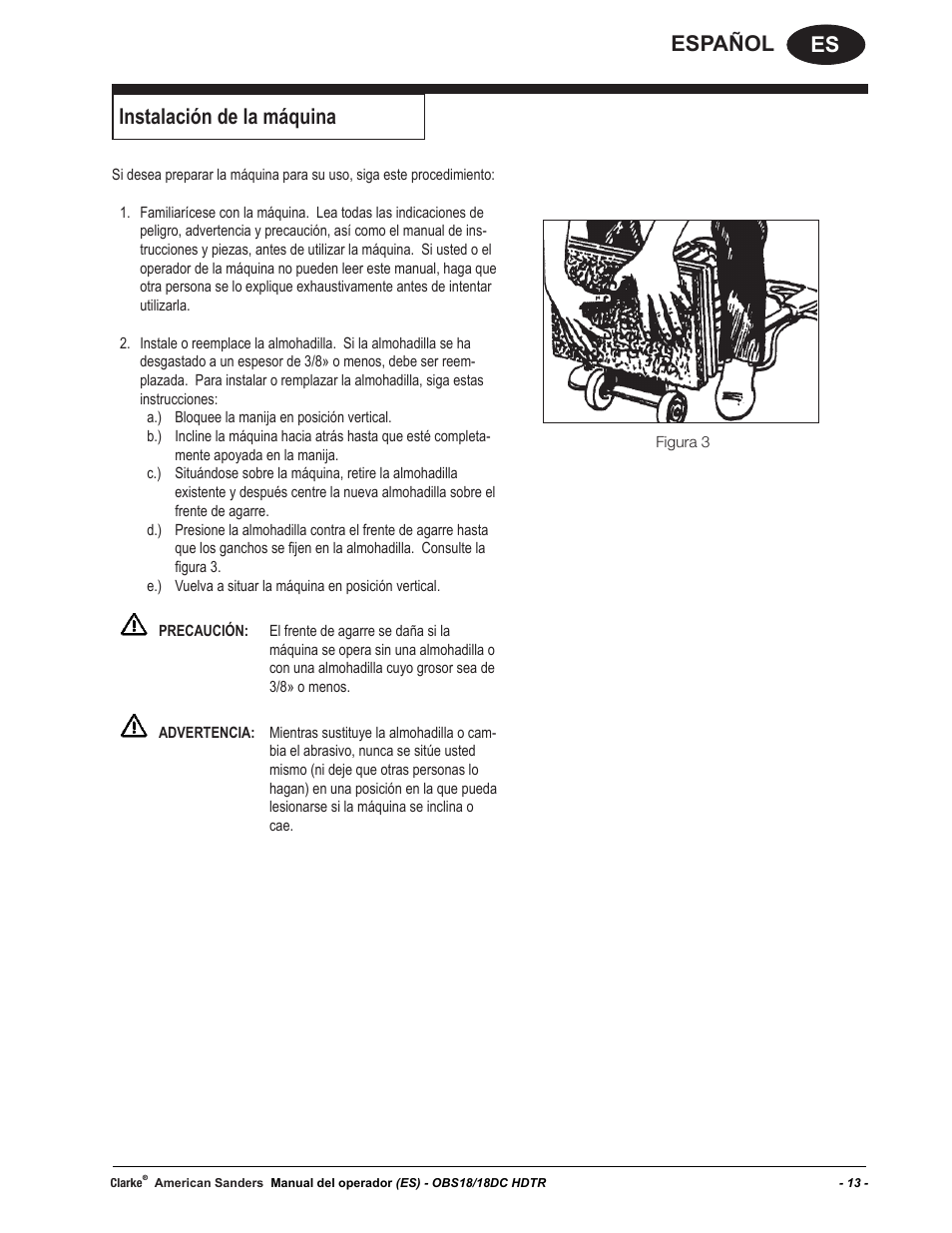 Es español, Instalación de la máquina | American Sanders OBS 18DC Orbital Sander User Manual | Page 13 / 36