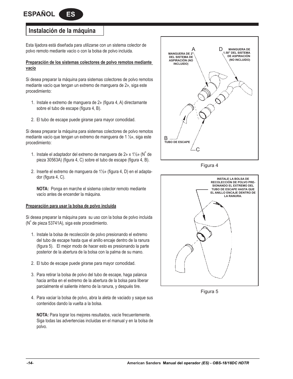 Es español, Instalación de la máquina | American Sanders OBS 18DC Orbital Sander User Manual | Page 14 / 36