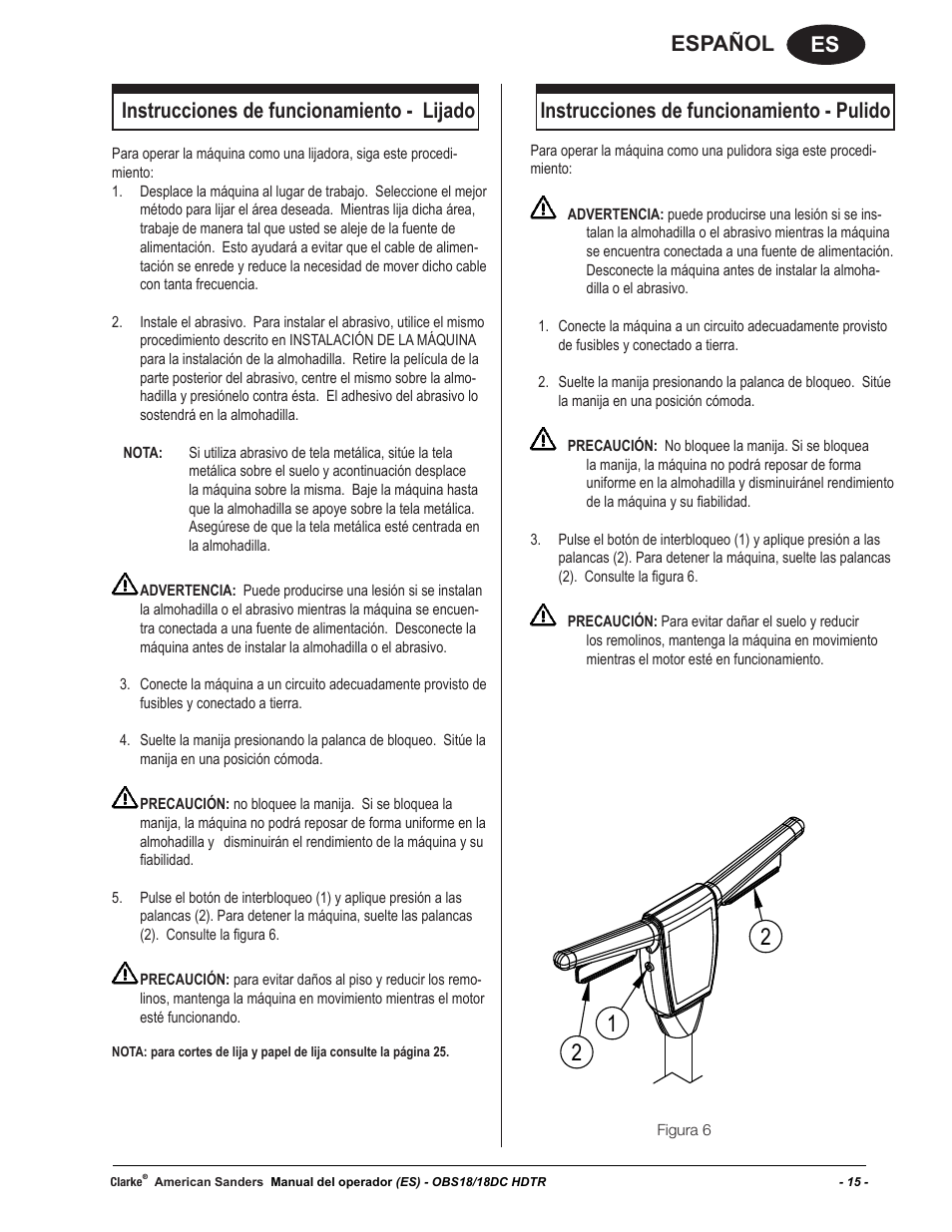 Es español, Instrucciones de funcionamiento - lijado, Instrucciones de funcionamiento - pulido | American Sanders OBS 18DC Orbital Sander User Manual | Page 15 / 36
