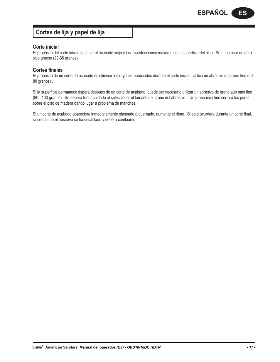 Es español cortes de lija y papel de lija, Corte inicial, Cortes finales | American Sanders OBS 18DC Orbital Sander User Manual | Page 17 / 36