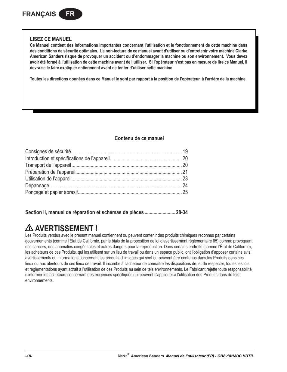 Avertissement, Fr français | American Sanders OBS 18DC Orbital Sander User Manual | Page 18 / 36